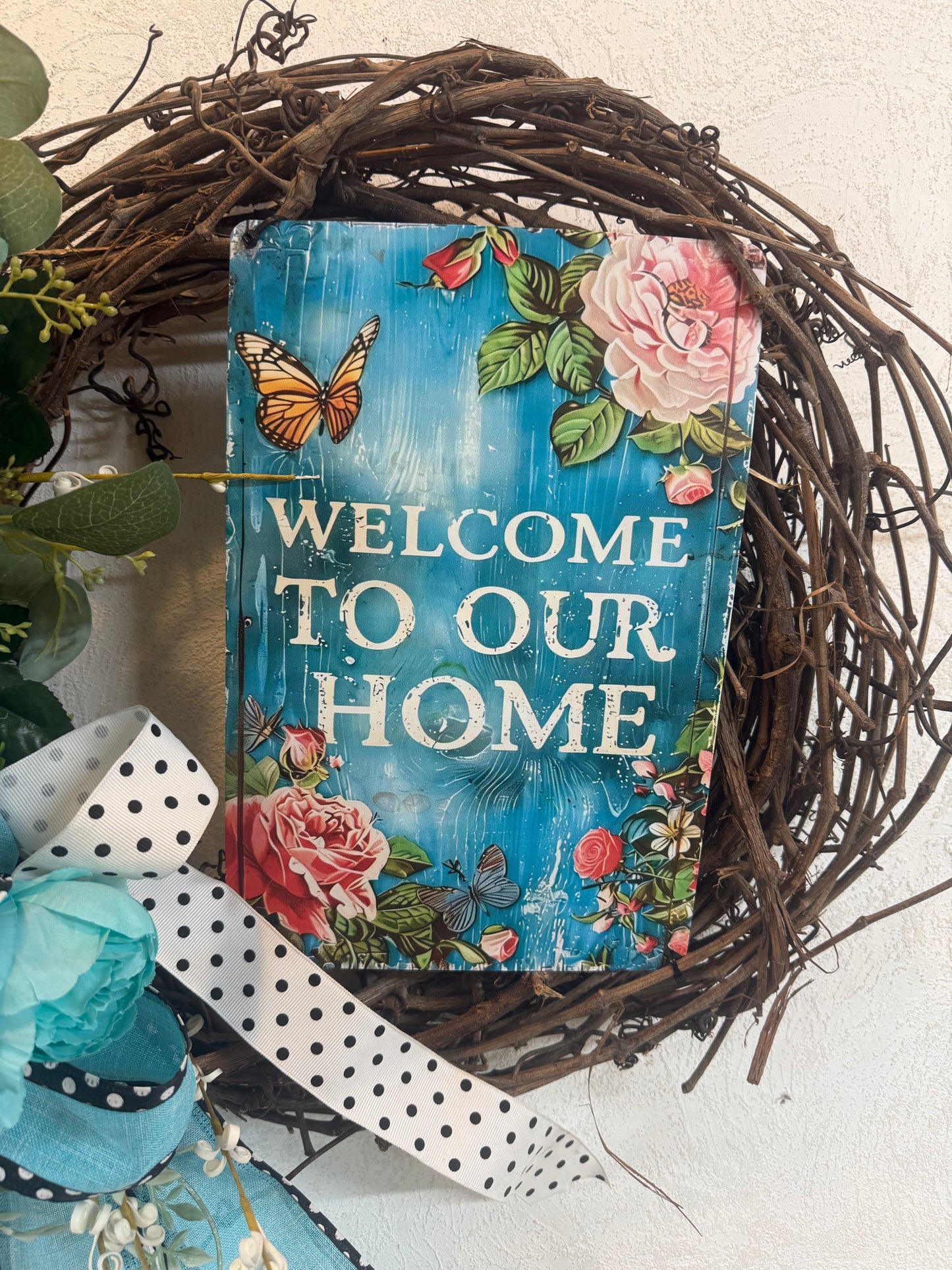 Turquoise teal "Welcome to our Home" Metal Sign Wreath