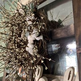 Wood Frame With Berry and Cotton Wreath