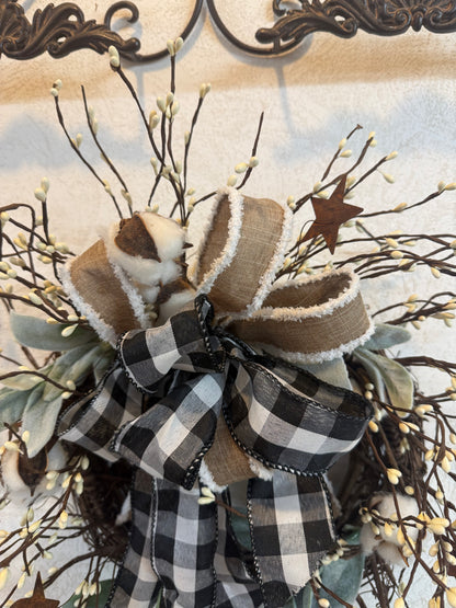 Berry and Lambs Ear Wreath Everyday White Farmhouse Buffalo Ribbon Wall Decor