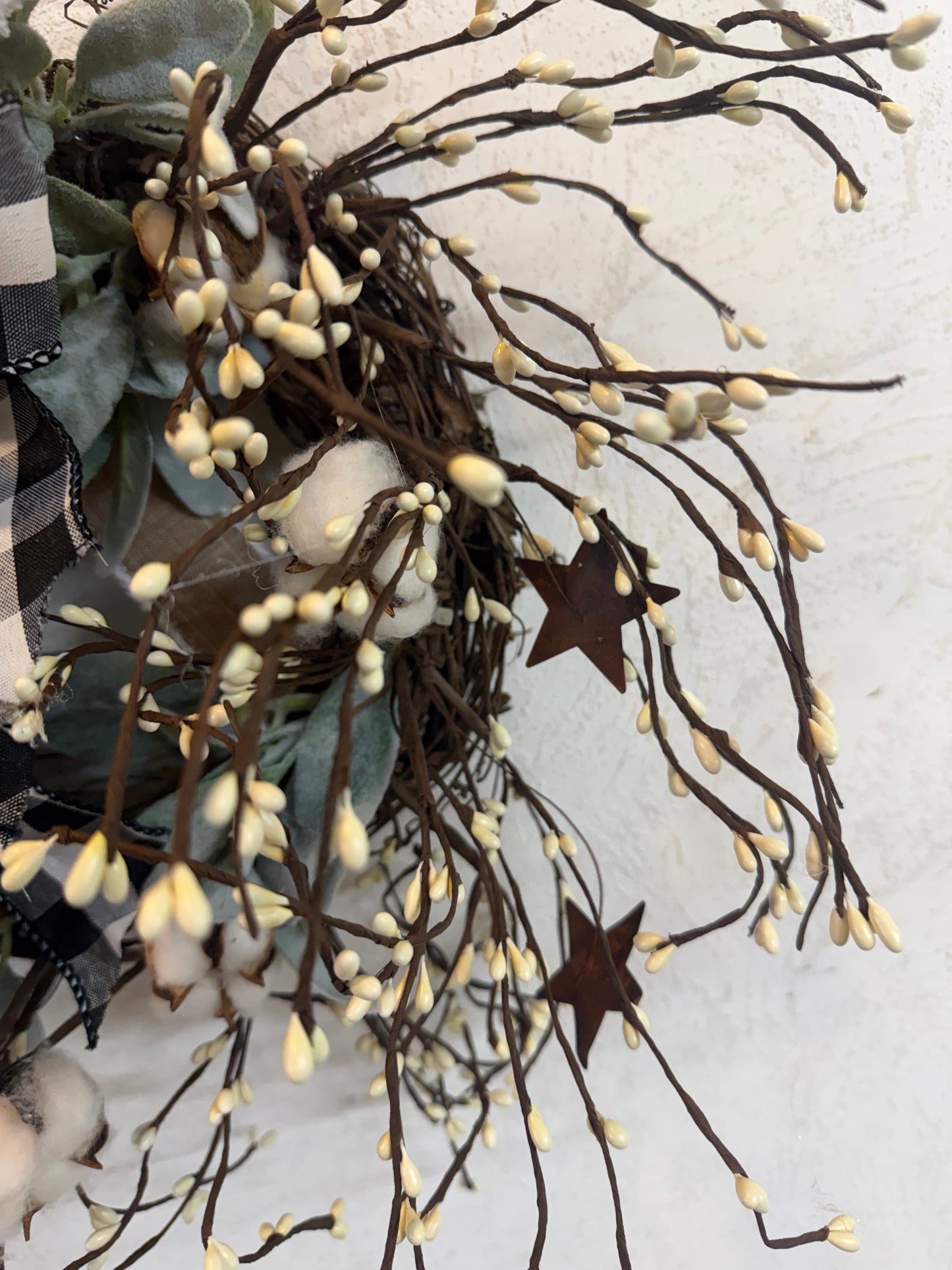 Berry and Lambs Ear Wreath Everyday White Farmhouse Buffalo Ribbon Wall Decor