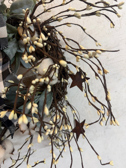 Berry and Lambs Ear Wreath Everyday White Farmhouse Buffalo Ribbon Wall Decor