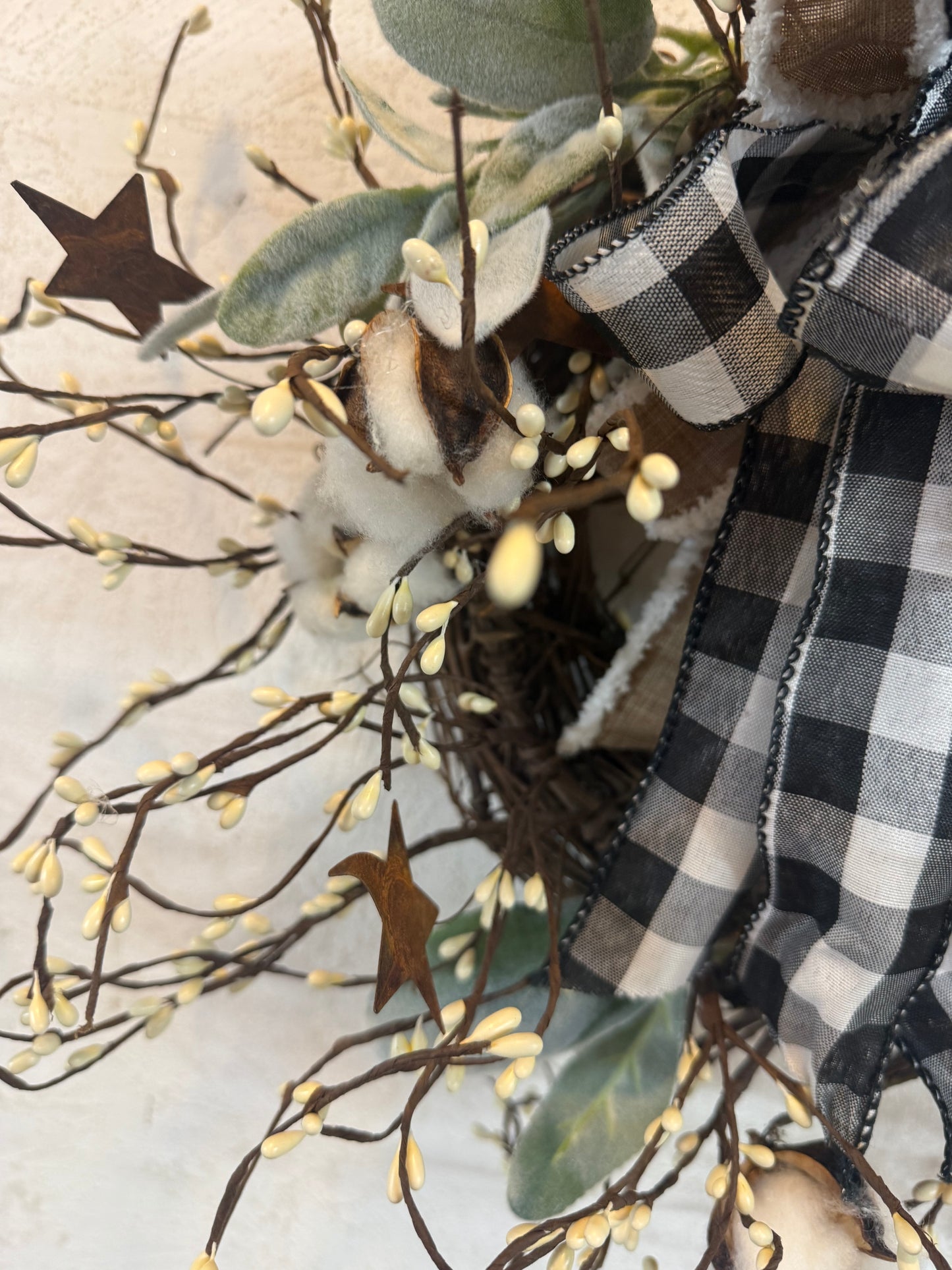 Berry and Lambs Ear Wreath Everyday White Farmhouse Buffalo Ribbon Wall Decor