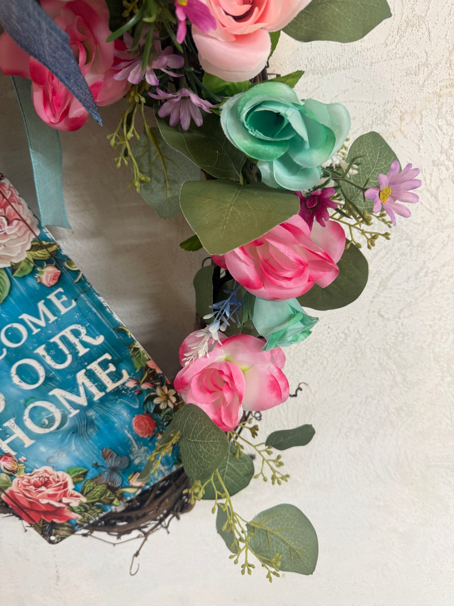 Floral Grapevine Wreath • Welcome Home Door Decor, Spring Flowers, Blue Bow