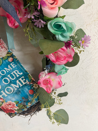Floral Grapevine Wreath • Welcome Home Door Decor, Spring Flowers, Blue Bow