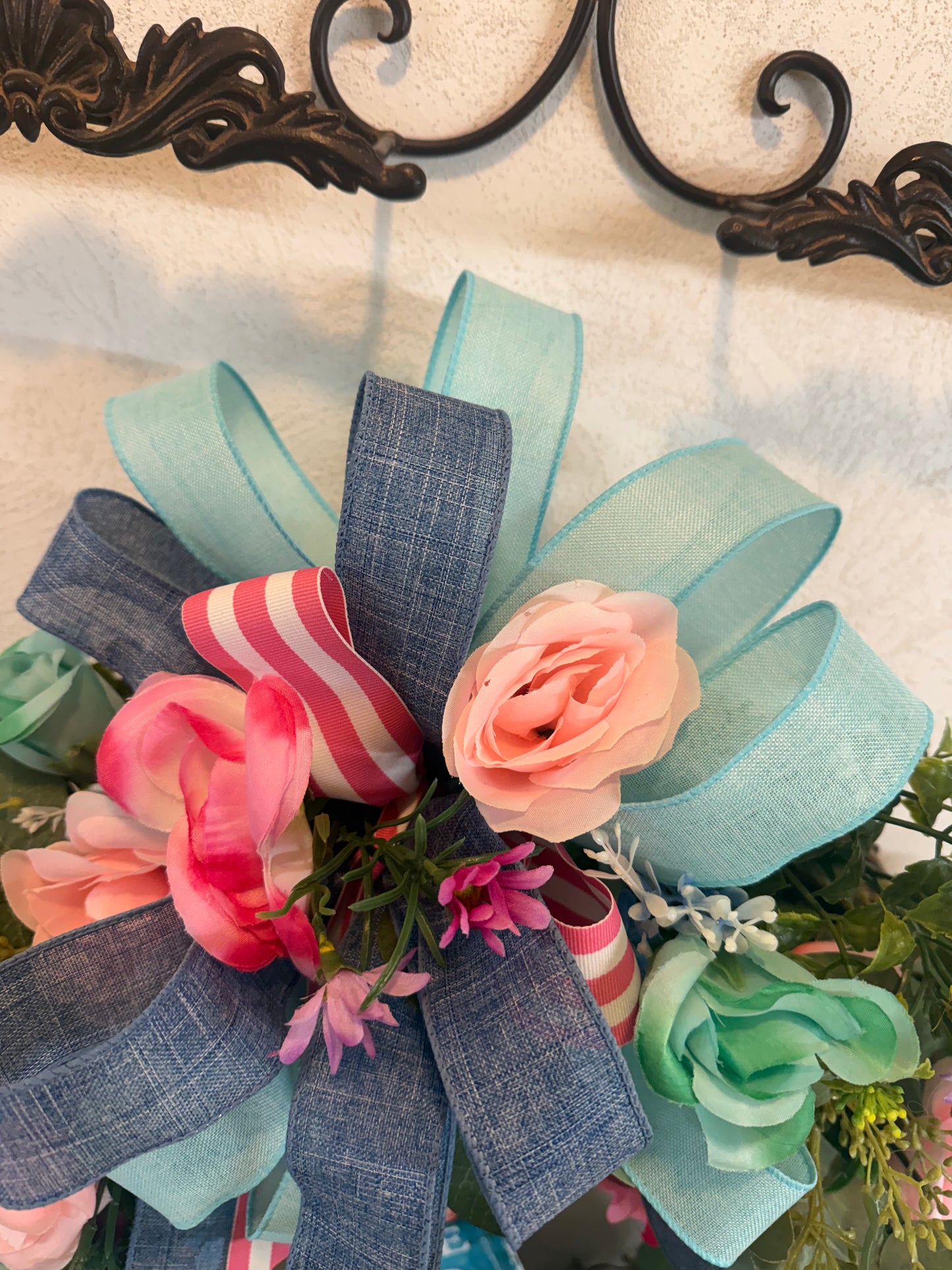 Floral Grapevine Wreath • Welcome Home Door Decor, Spring Flowers, Blue Bow