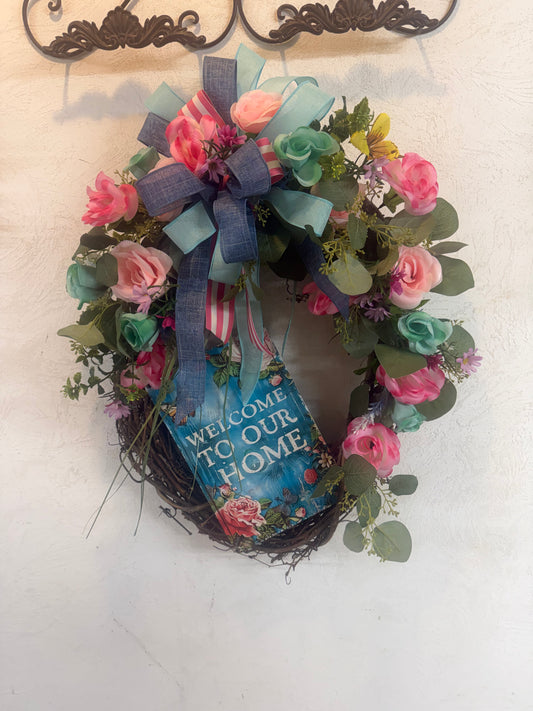 Floral Grapevine Wreath • Welcome Home Door Decor, Spring Flowers, Blue Bow