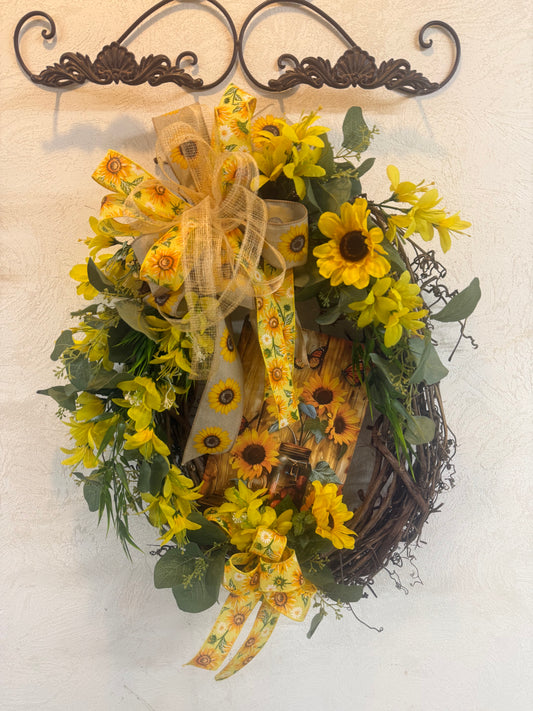 Welcome to My Garden Wreath • Daisy & Greenery Grapevine Wreath with Green Plaid Bow • Spring Summer Front Door Decor
