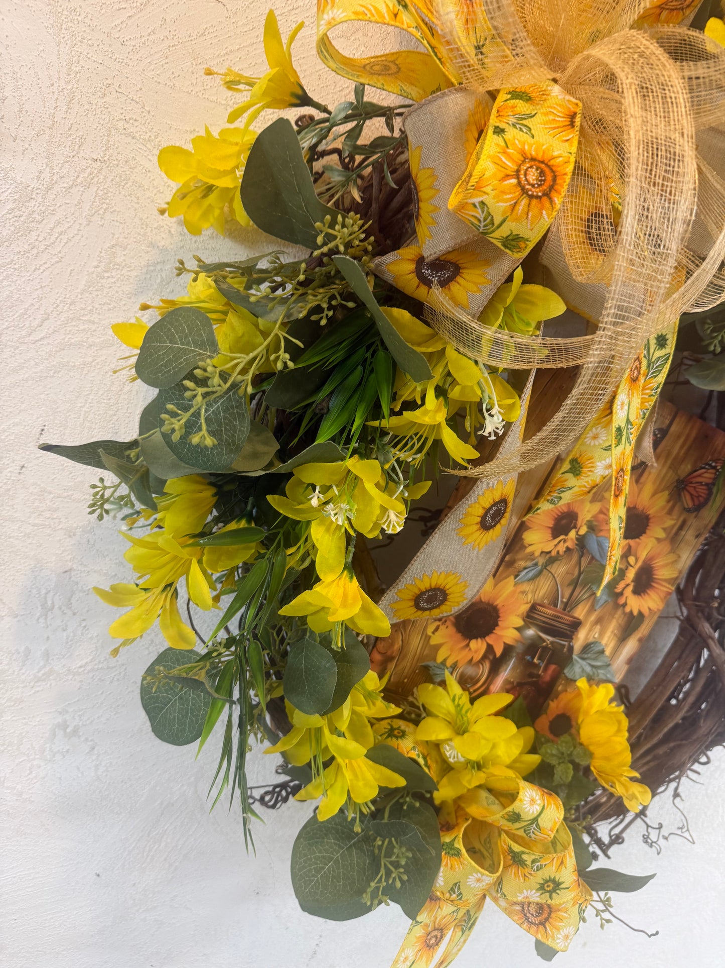 Welcome to My Garden Wreath • Daisy & Greenery Grapevine Wreath with Green Plaid Bow • Spring Summer Front Door Decor
