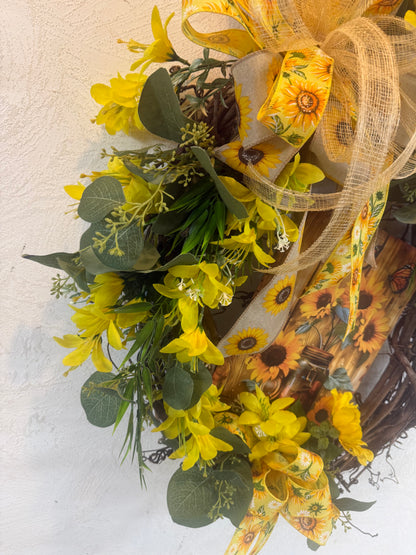 Welcome to My Garden Wreath • Daisy & Greenery Grapevine Wreath with Green Plaid Bow • Spring Summer Front Door Decor