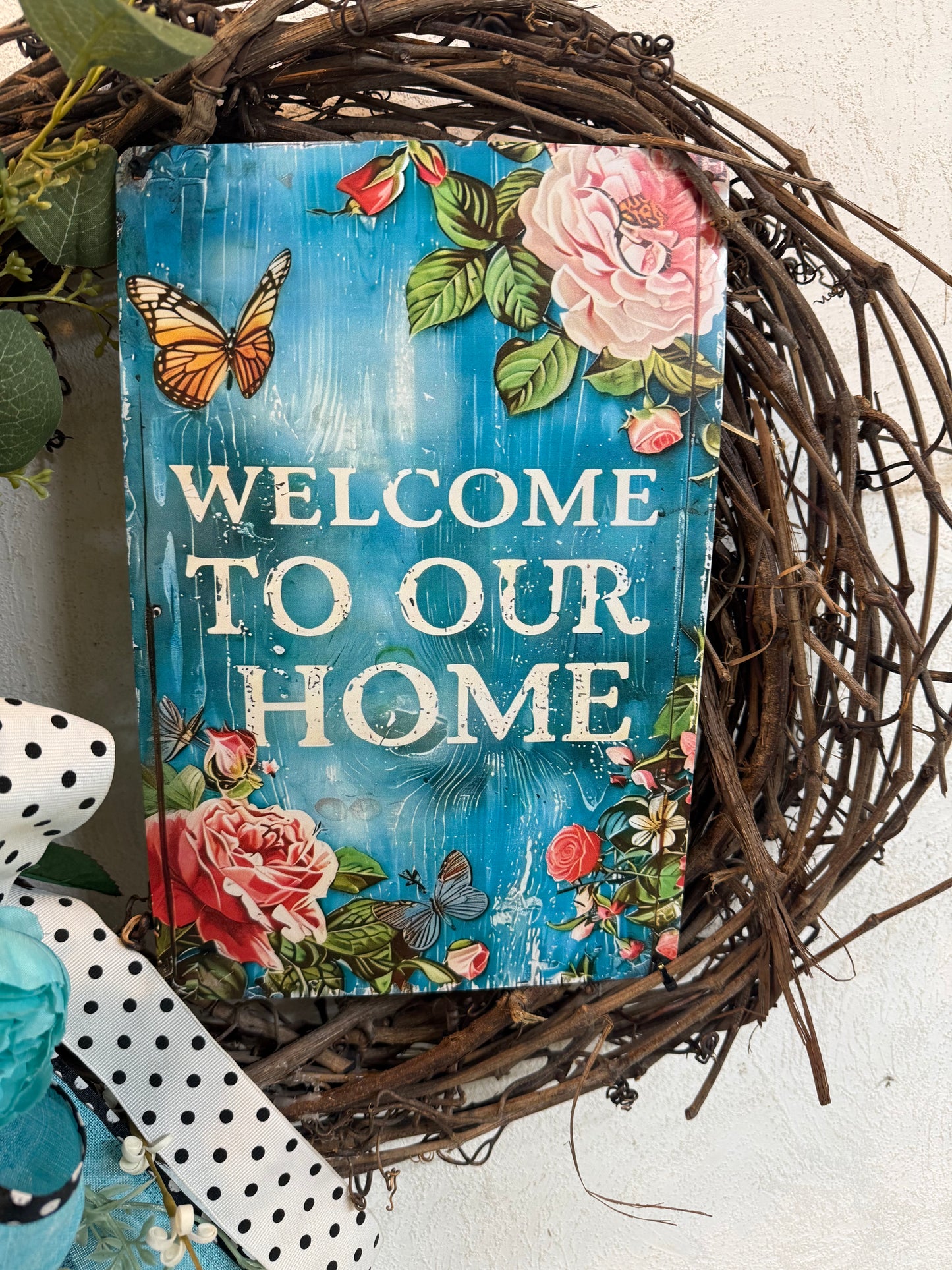 Turquoise teal "Welcome to our Home" Metal Sign Wreath