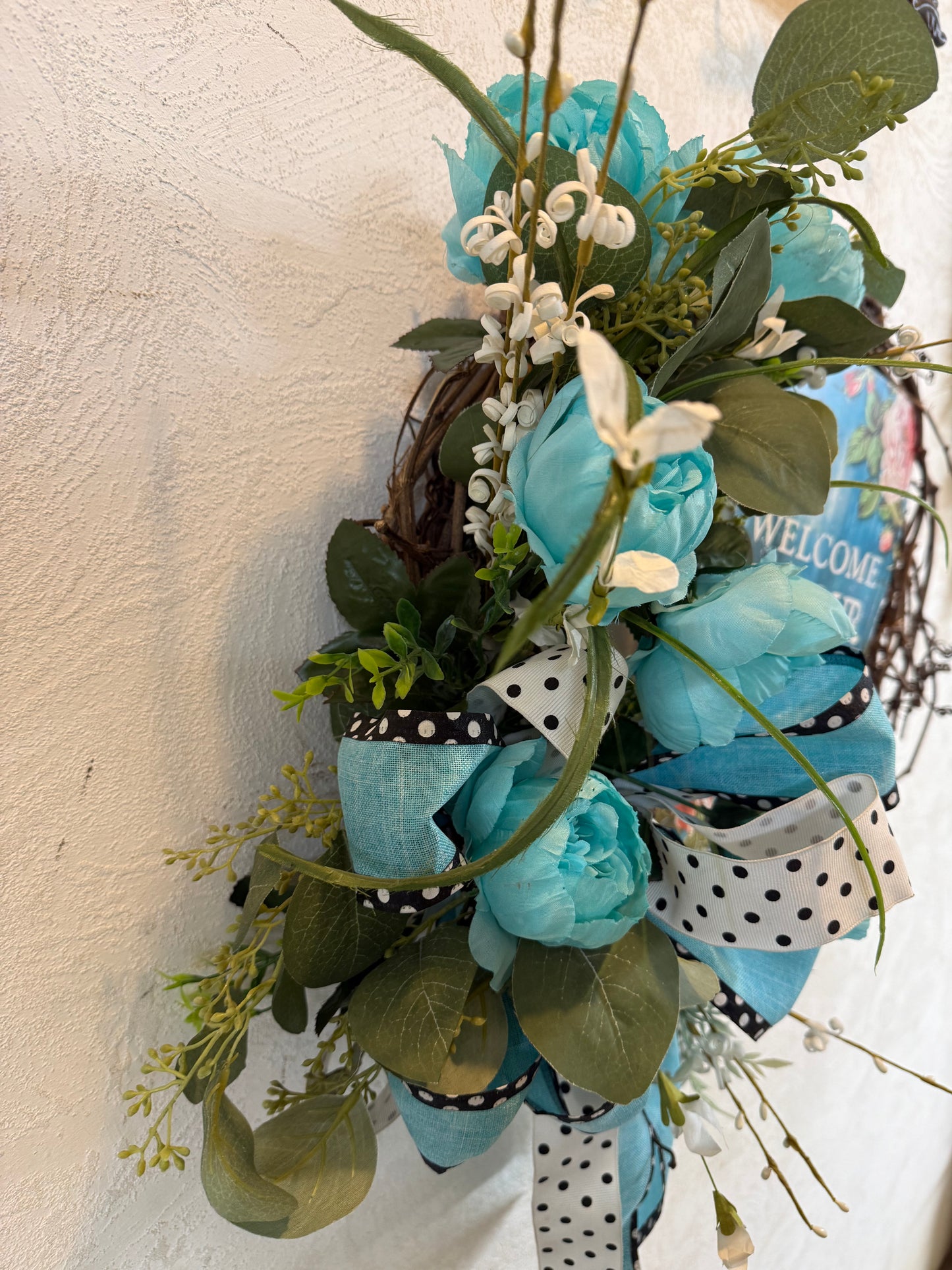 Turquoise teal "Welcome to our Home" Metal Sign Wreath
