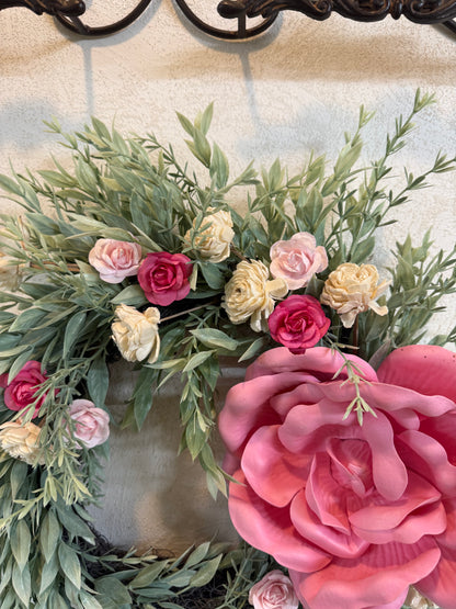 Large Pink Flower, greenery Wreath