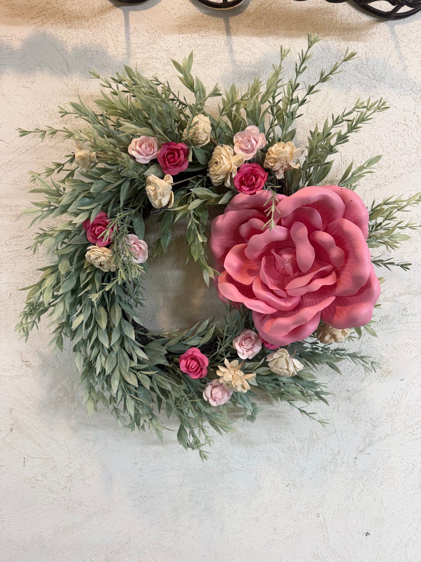 Large Pink Flower, greenery Wreath