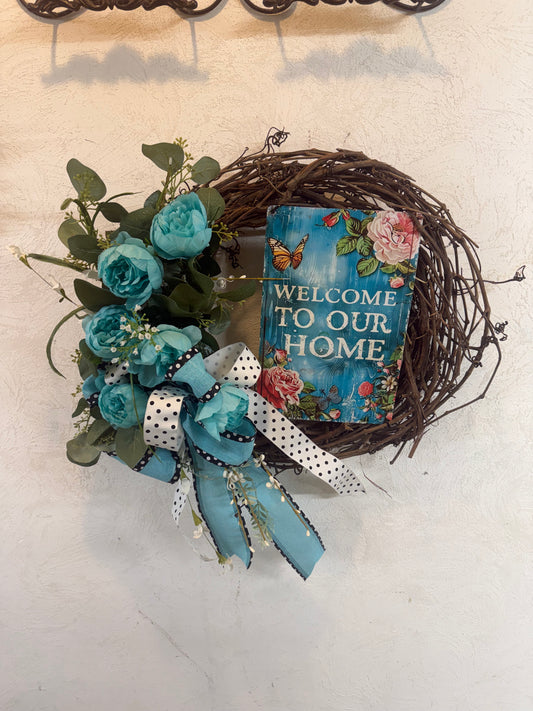 Turquoise teal "Welcome to our Home" Metal Sign Wreath