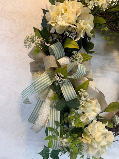 Cream Hydrangeas and Greenery Grapevine Wreath Home Decor