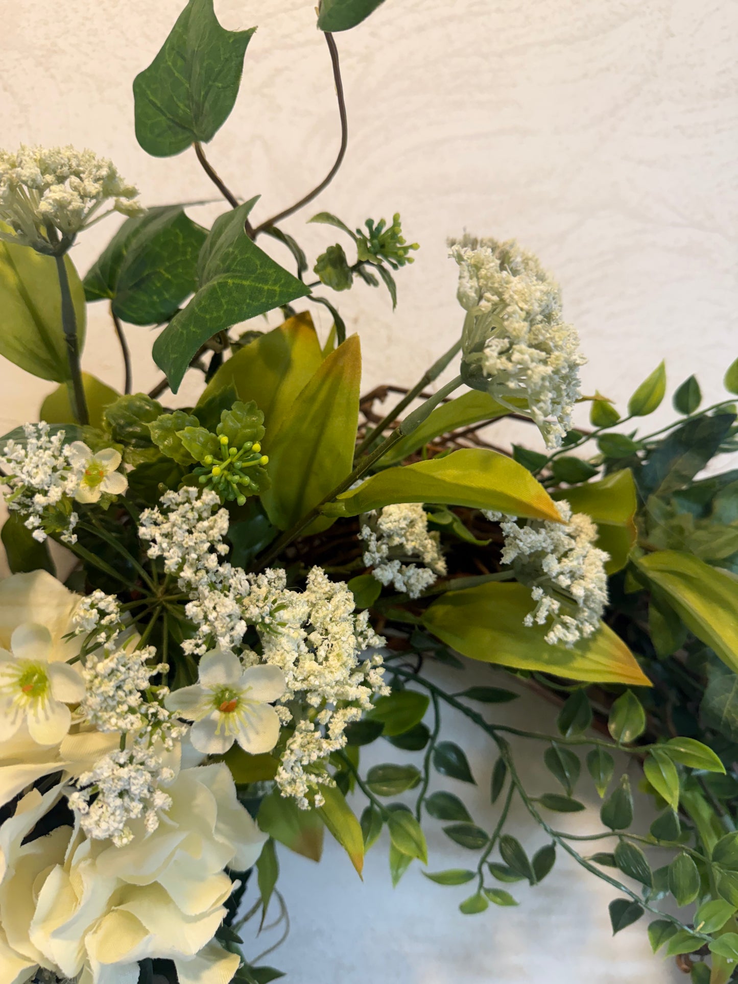 Cream Hydrangeas and Greenery Grapevine Wreath Home Decor
