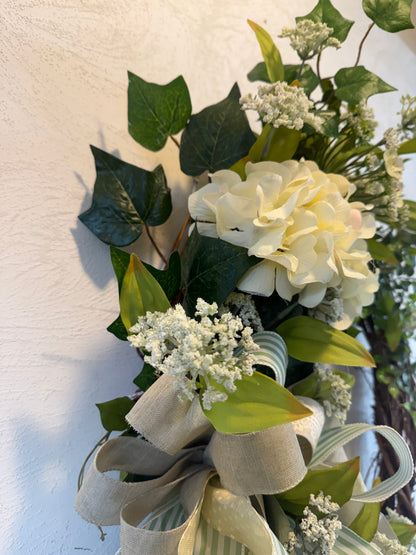 Cream Hydrangeas and Greenery Grapevine Wreath Home Decor