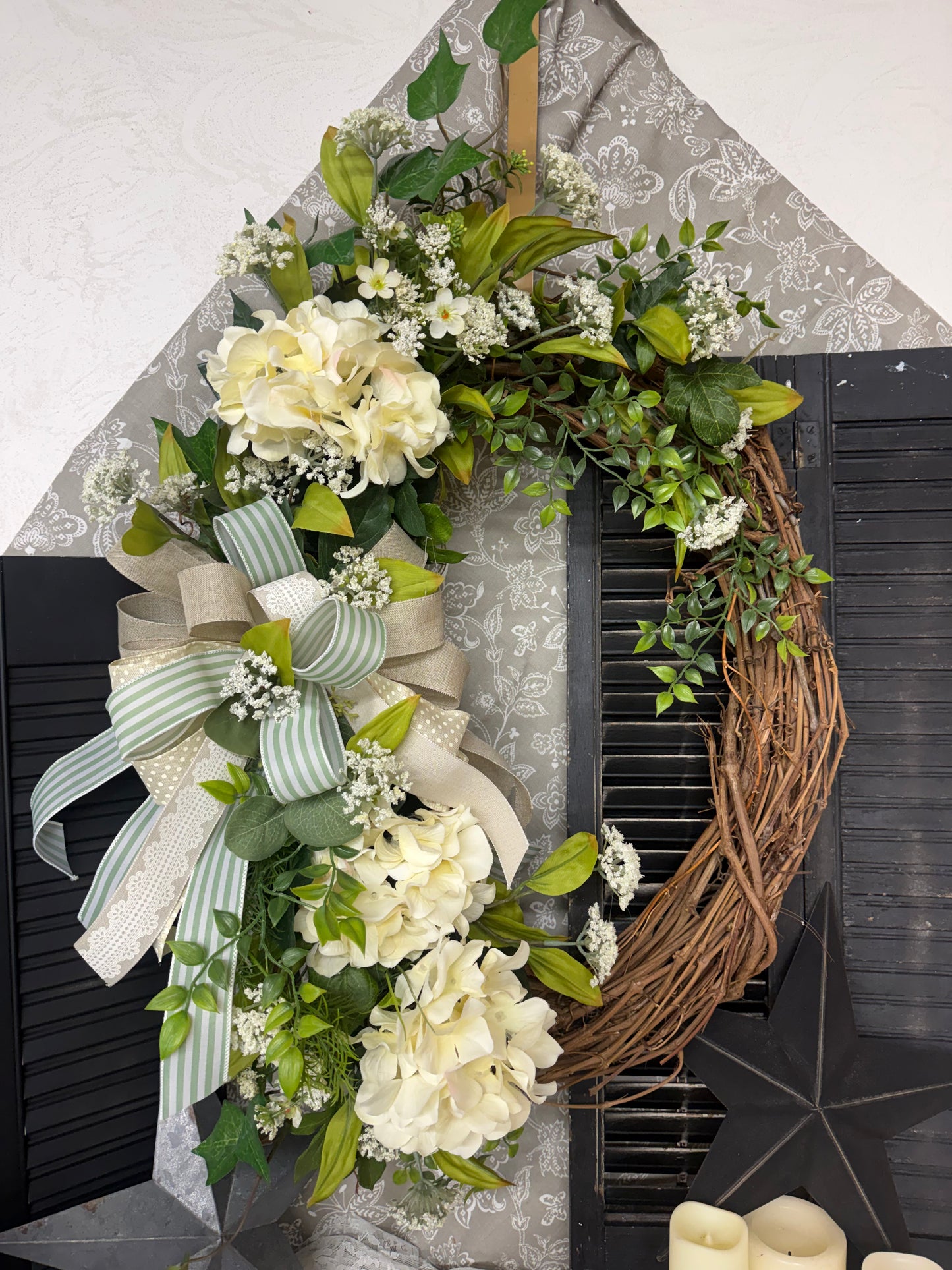 Cream Hydrangeas and Greenery Grapevine Wreath Home Decor