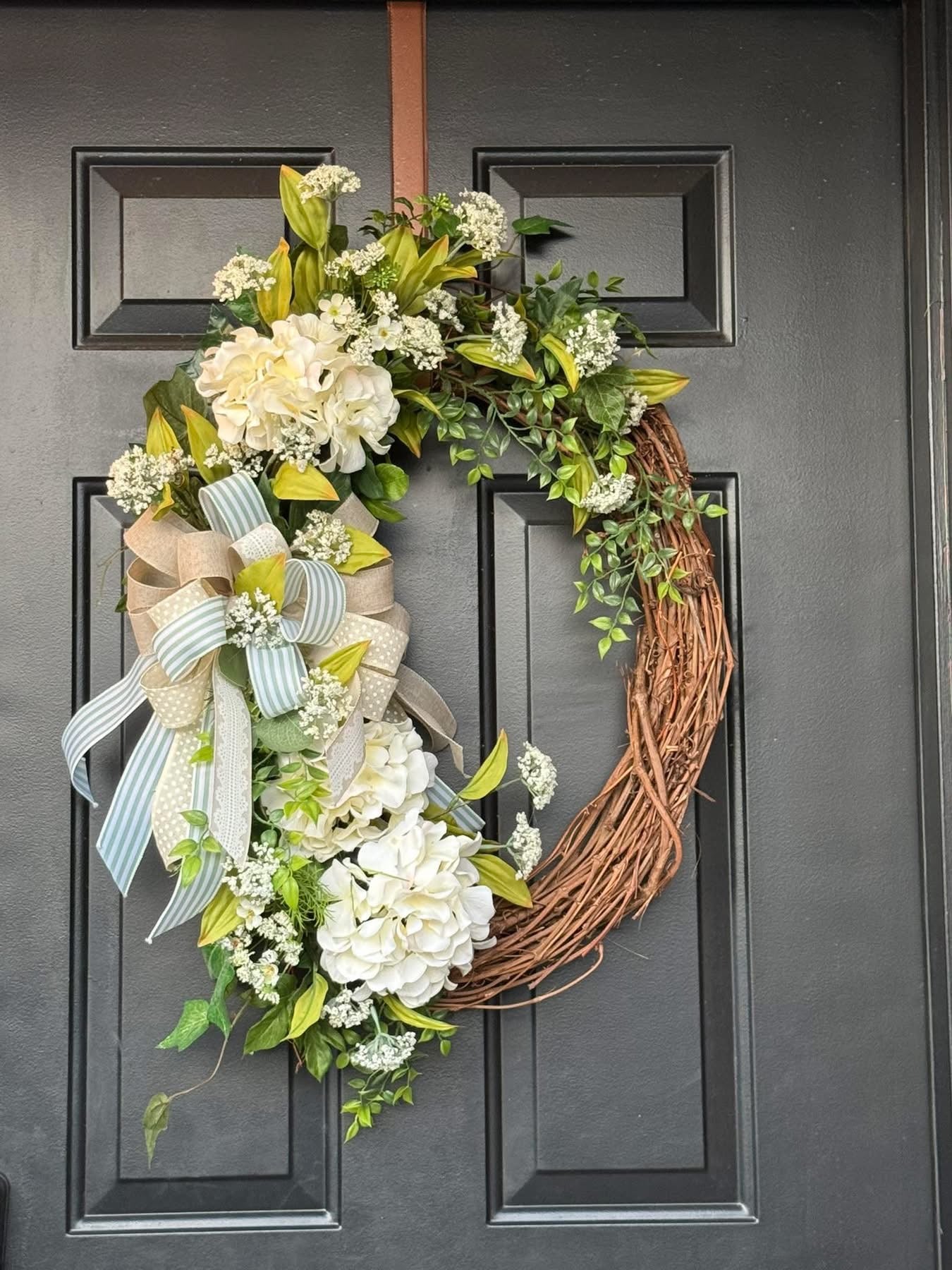 Cream Hydrangeas and Greenery Grapevine Wreath Home Decor