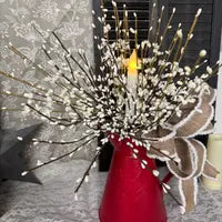 Rustic Curly Q and Pip Berry Candle Arrangement in Red Metal Pitcher