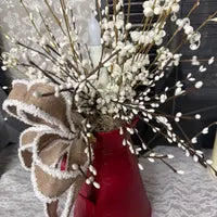 Rustic Curly Q and Pip Berry Candle Arrangement in Red Metal Pitcher