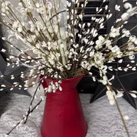 Rustic Curly Q and Pip Berry Candle Arrangement in Red Metal Pitcher