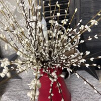 Rustic Curly Q and Pip Berry Candle Arrangement in Red Metal Pitcher