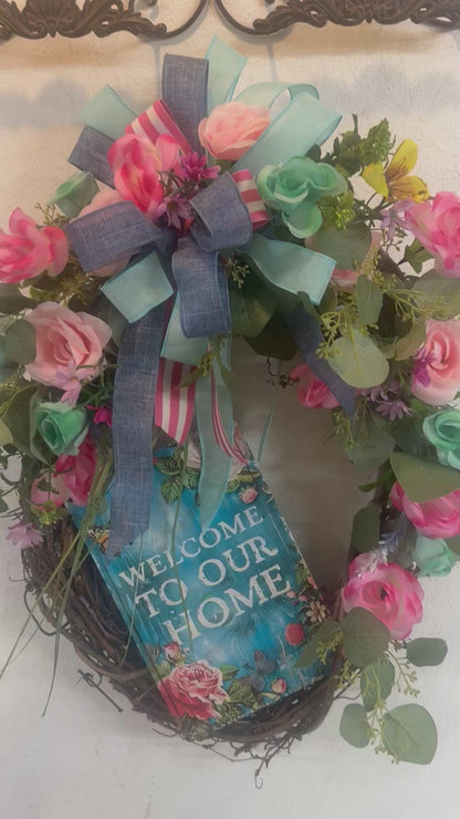 Floral Grapevine Wreath • Welcome Home Door Decor, Spring Flowers, Blue Bow