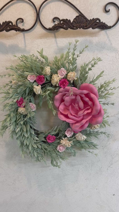 Large Pink Flower, greenery Wreath