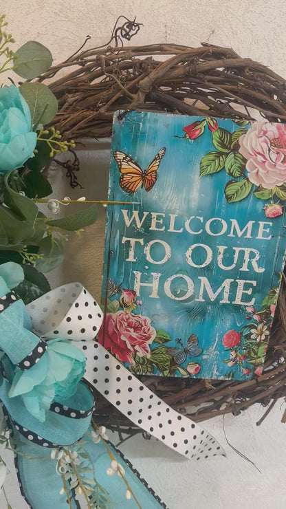 Turquoise teal "Welcome to our Home" Metal Sign Wreath