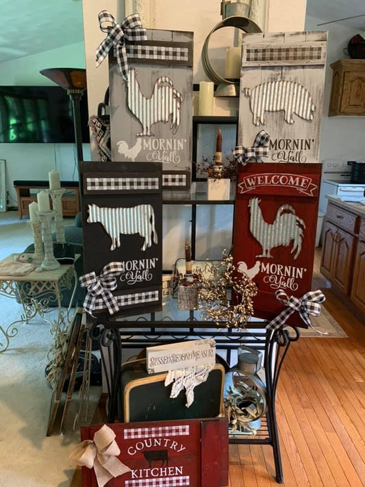 the barn yard signs (pigs, chickens, roosters and cows